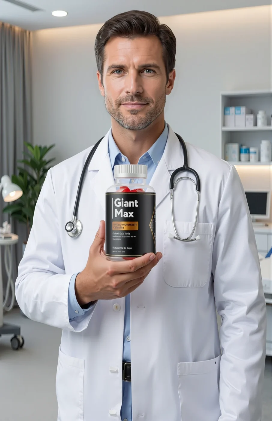 GiantMax male vitality gummies held by a health professional in a clinic setting, manufacturer image