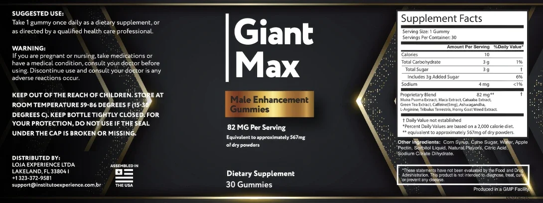 GiantMax Supplement Facts panel showing the 82 mg proprietary blend, suggested use and other ingredients