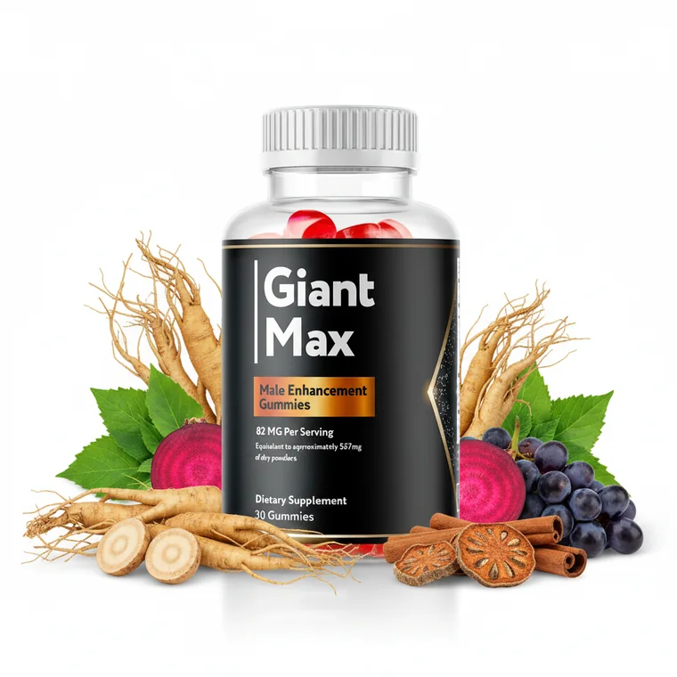 GiantMax male vitality gummy bottle surrounded by ginseng root, beetroot, grapes and cinnamon
