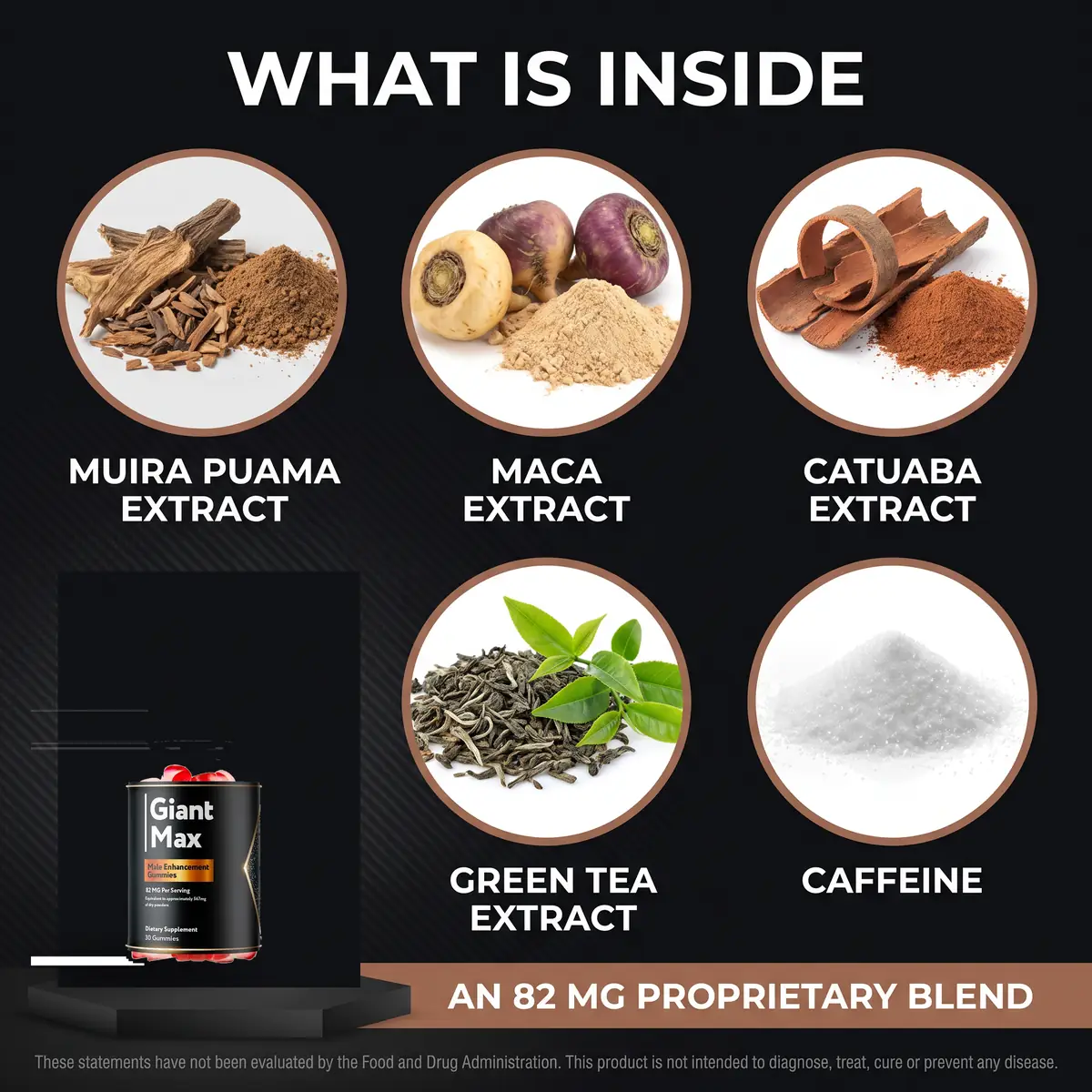 What is inside GiantMax: muira puama extract, maca extract, catuaba extract, green tea extract and caffeine in an 82 mg proprietary blend